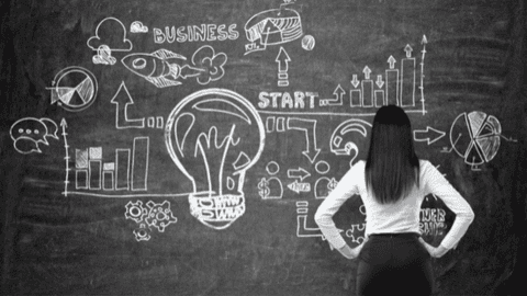 a woman standing in front of a blackboard with business drawings on it