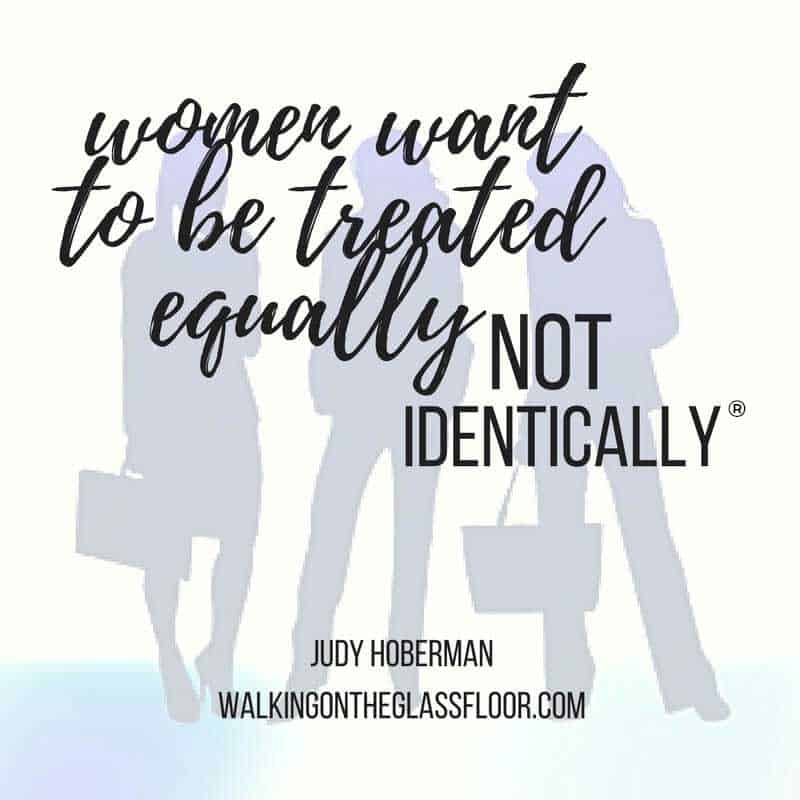 two people walking away from each other with the words women want to be treated equally not identical