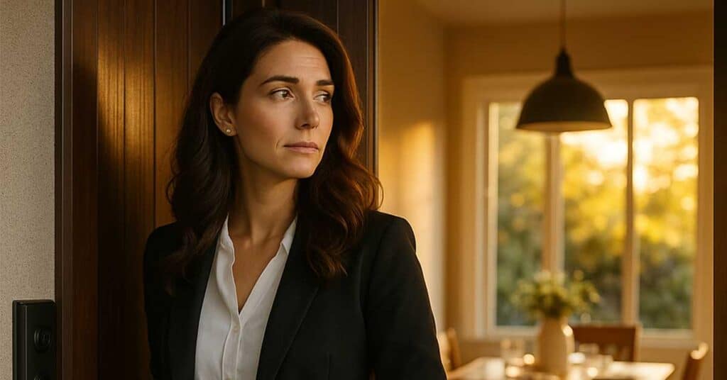 A woman in a black blazer and white blouse stands in a doorway, looking to the side, capturing a moment of quiet reflection before heading to work, with a dining room and sunlit window in the background.