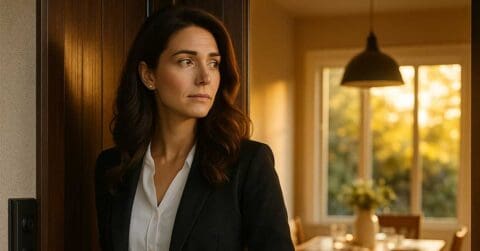 A woman in a black blazer and white blouse stands in a doorway, looking to the side, capturing a moment of quiet reflection before heading to work, with a dining room and sunlit window in the background.