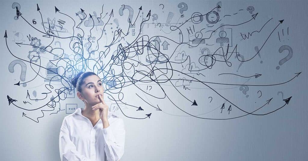 A woman in a white shirt looks thoughtful, with tangled lines, arrows, and question marks—like an AI mapping chaotic thoughts—drawn around her head to represent complexity.