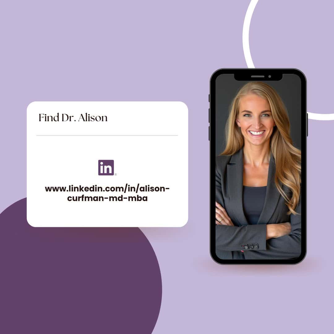 A smartphone displays a professional woman in a gray suit; next to it is a card reading “Find Dr. Alison” with a LinkedIn URL on a purple background.