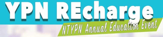 a blue and green banner with the words ypn recharge on it